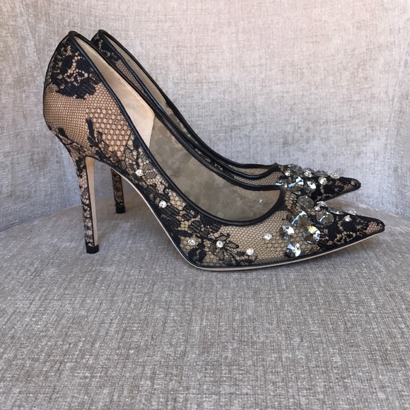 Jimmy Choo Black Lace Lyzo 100 Crystal Pumps - Picture 2 of 8